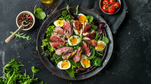 Nicoise salad with tuna eggs tomatoes lettuce on blue plate, green vinegar healthy photo