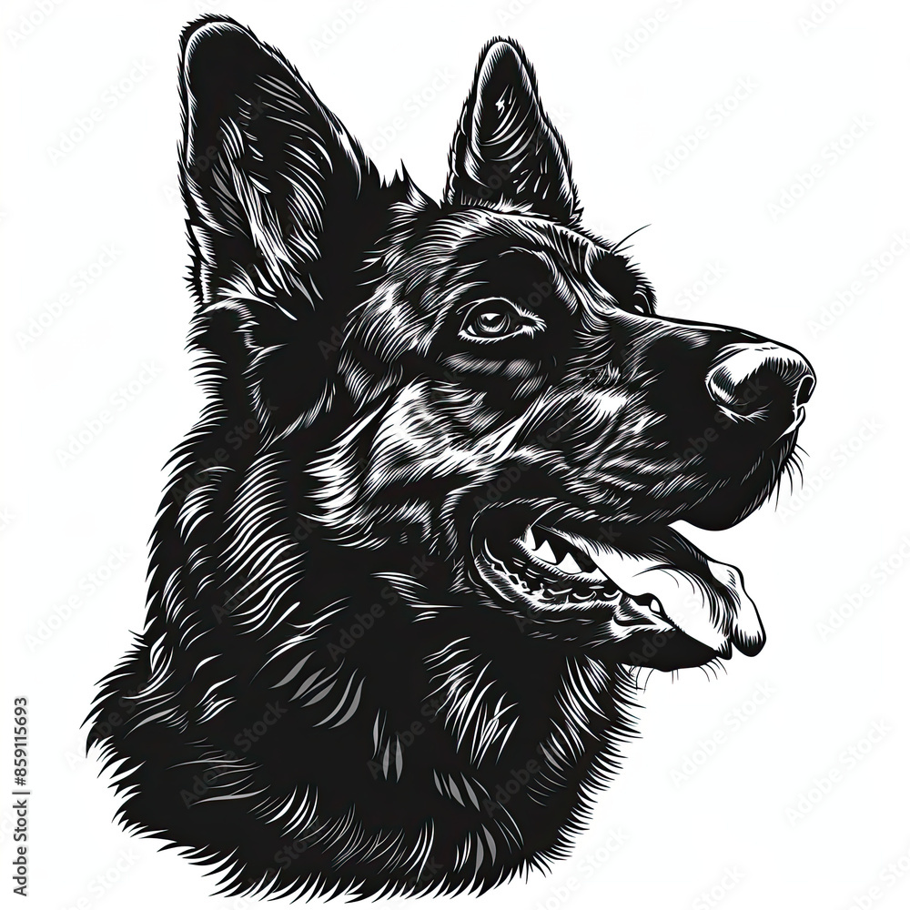 A black and white drawing of a german shepherd dog A black and white drawing of a german shepherd dog
