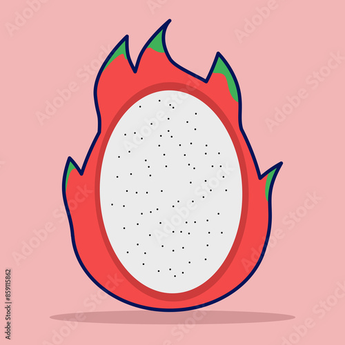 Dragon Fruit concept, cartoon illustration of white dragon fruit, flat design of half cut pitaya or pitahaya, summer tropical fruit for healthy lifestyle. white dragon fruit isolated on background.