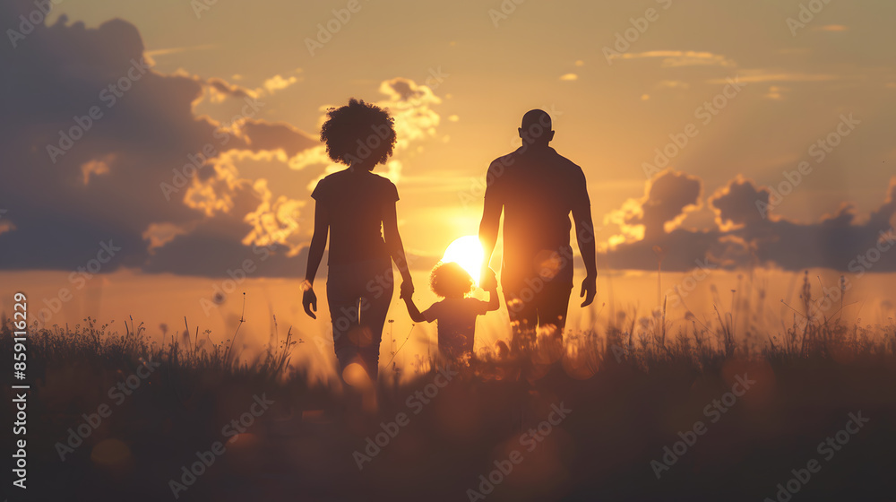 vibrant sunset field, black African american couple and child walking away, full view from behind, silhouette of a loving diversity black ethnic descendant family vibrant sunset field, black African american couple and child walking away, full view from behind, silhouette of a loving diversity black ethnic descendant family