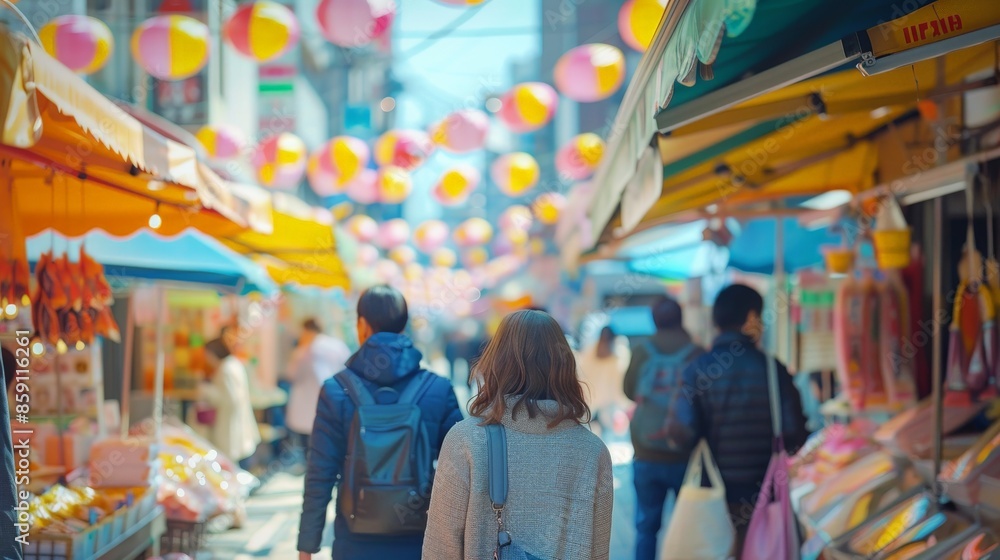 People browse through stalls at a bustling outdoor market People browse through stalls at a bustling outdoor market