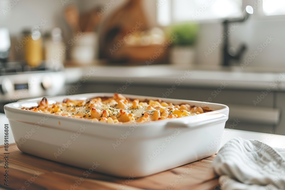 Close Up of Creamy Macaroni and Cheese in a White Baking Dish Close Up of Creamy Macaroni and Cheese in a White Baking Dish