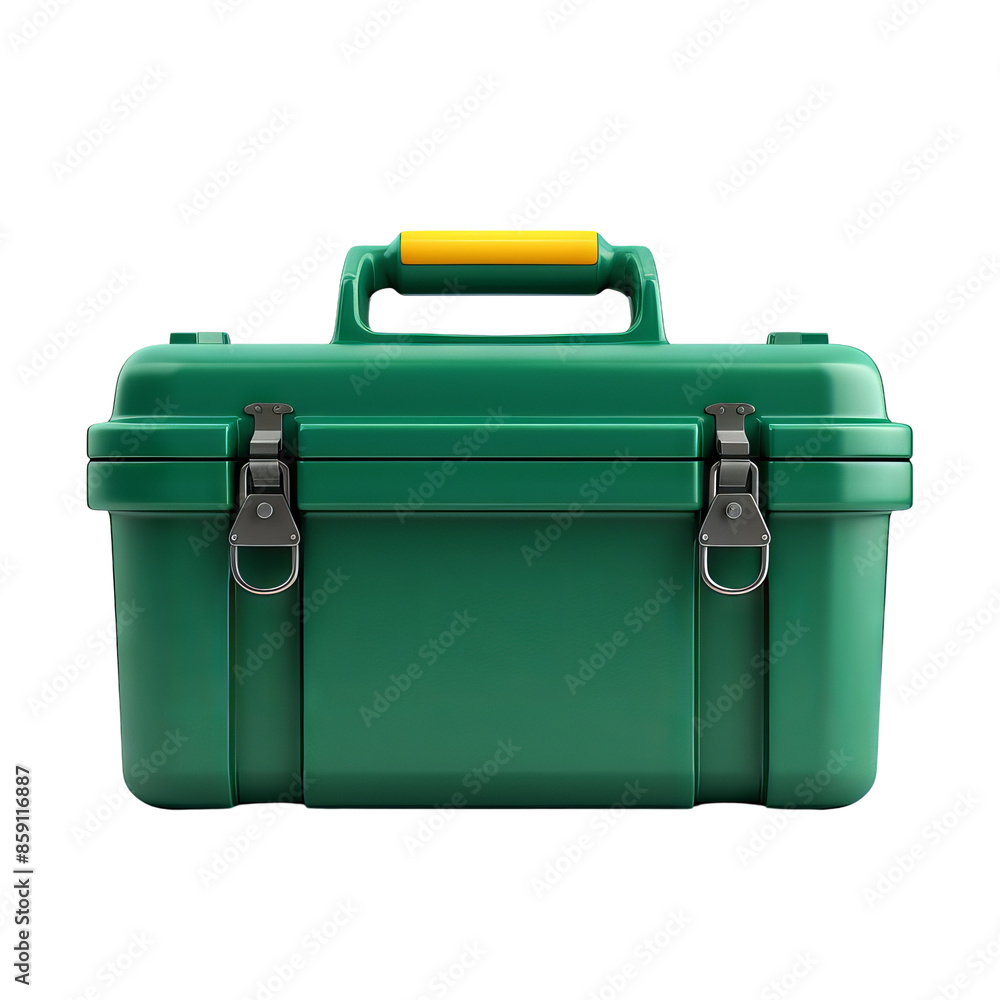 Green plastic toolbox with yellow handle, closed and locked, isolated on white background, perfect for DIY projects and tool storage. Green plastic toolbox with yellow handle, closed and locked, isolated on white background, perfect for DIY projects and tool storage.