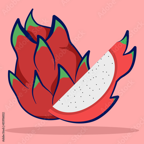 Dragon Fruit concept, cartoon illustration of white dragon fruit, flat design of half cut pitaya or pitahaya, summer tropical fruit for healthy lifestyle. white dragon fruit isolated on background.