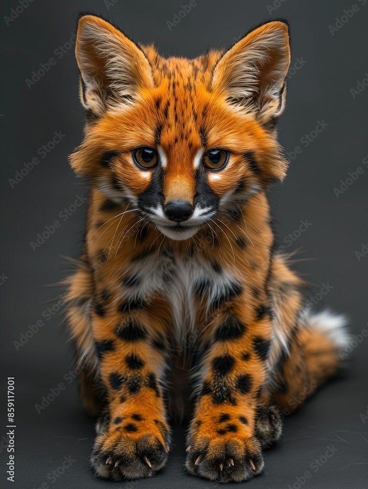 Adorable Young Serval Cat with Spotted Fur Sitting on a Dark Background
Adorable Young Serval Cat with Spotted Fur Sitting on a Dark Background