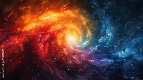 A vibrant cosmic nebula with swirling red, orange, and blue colors surrounding a bright core light, creating an otherworldly and dynamic celestial scene.