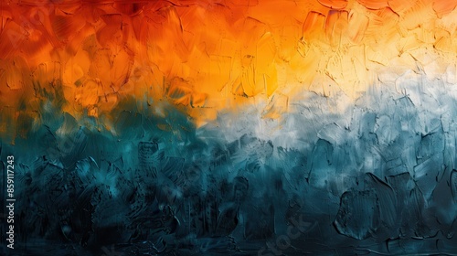 An abstract painting showcasing a gradient transition from warm orange tones to cooler blues, created with expressive and energetic brush strokes to evoke dynamic motion. © svastix