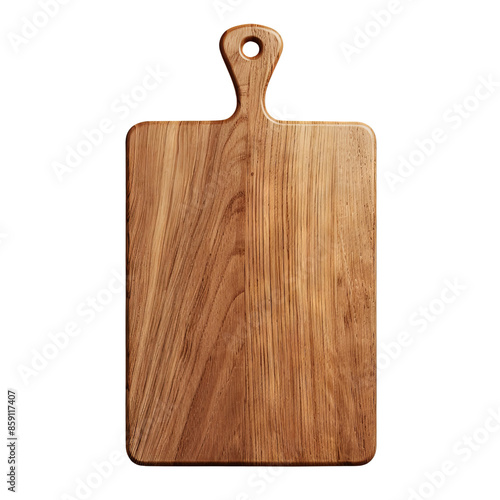Rectangular wooden cutting board with handle on white background, ideal for kitchen use and food preparation.