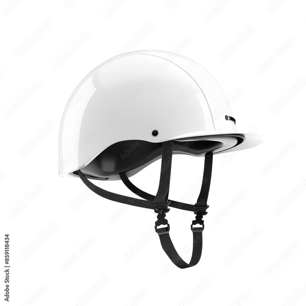 Fototapeta premium White safety helmet with chin straps, perfect for construction and industrial use, offering optimal head protection and comfort.