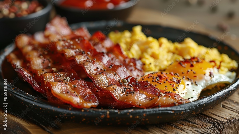 Hearty breakfast with crispy bacon and fried eggs, served in a skillet, seasoned with cracked black pepper and surrounded by rustic wooden elements. Hearty breakfast with crispy bacon and fried eggs, served in a skillet, seasoned with cracked black pepper and surrounded by rustic wooden elements.