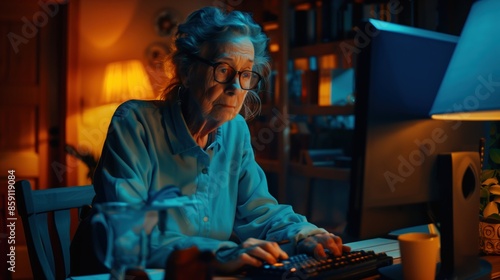 Obraz na płótnie elderly lady working at the computer w salonie