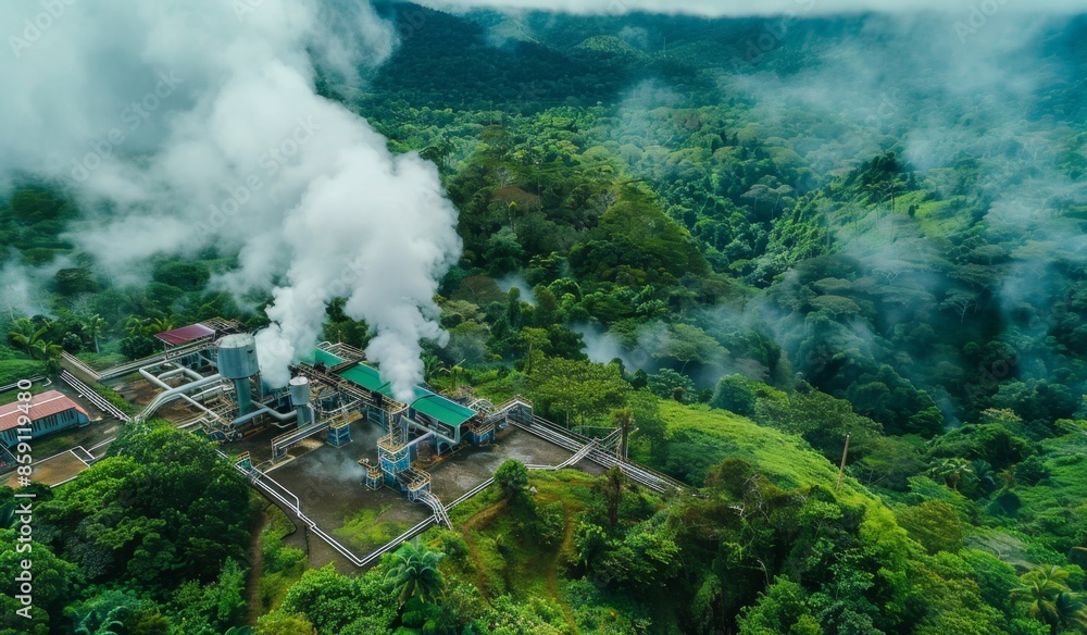 Fototapeta premium Aerial view of a geothermal power plant in the middle of a forest, scenic, industrial, created with AI