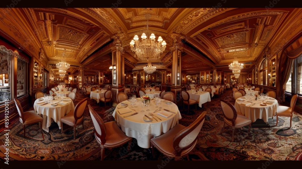 Fototapeta premium An opulent dining room with ornate details and crystal chandeliers