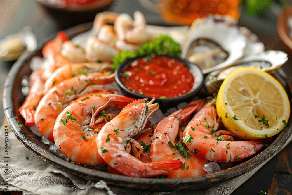 A plate of seafood with shrimp, oysters, and crab legs A plate of seafood with shrimp, oysters, and crab legs