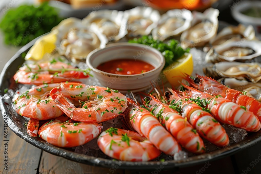 A plate of seafood with shrimp, oysters, and crab legs A plate of seafood with shrimp, oysters, and crab legs