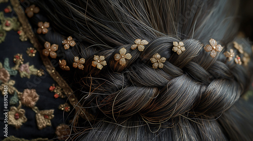 Close-up of a braided hairstyle adorned with delicate floral hair clips. The braid is thick and dark, with the clips adding a touch of elegance. photo