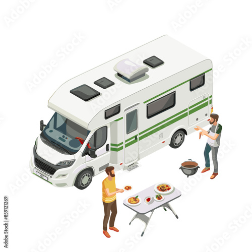 isometric view of two men standing next to an RV, one man is grilling on the porcelain hood while another stands at table