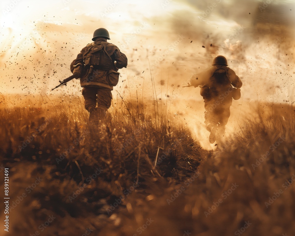An army soldiers in full equipment, with a machine gun in his hands and in protective gear, runs across the field