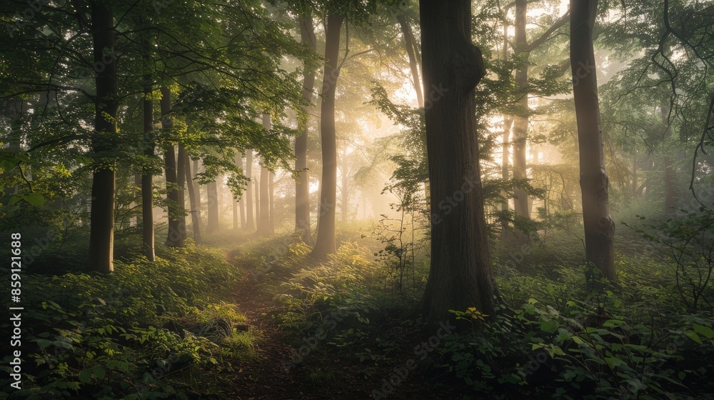 Obraz premium Sunlight streams through the trees in a foggy forest