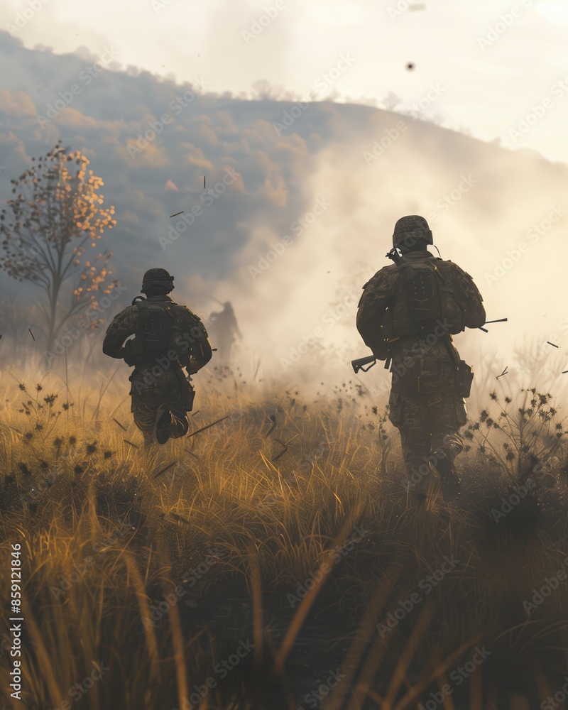 An army soldiers in full equipment, with a machine gun in his hands and in protective gear, runs across the field