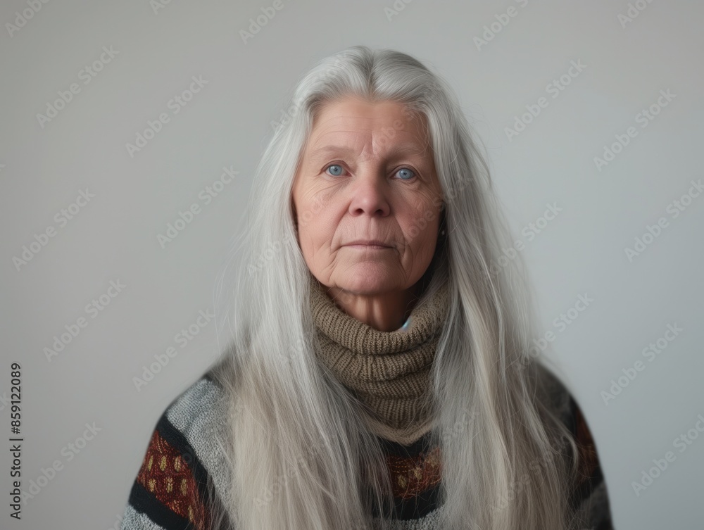 An elderly woman with long, straight white hair and a calm demeanor ...