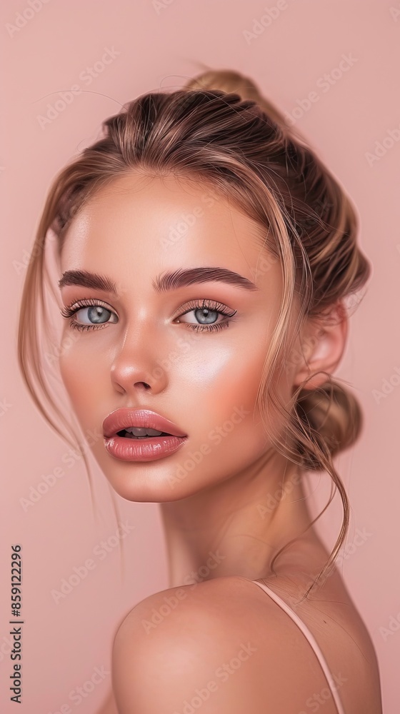 Young Woman With Blonde Hair and Minimal Makeup Posing Against a Pink Background Young Woman With Blonde Hair and Minimal Makeup Posing Against a Pink Background
