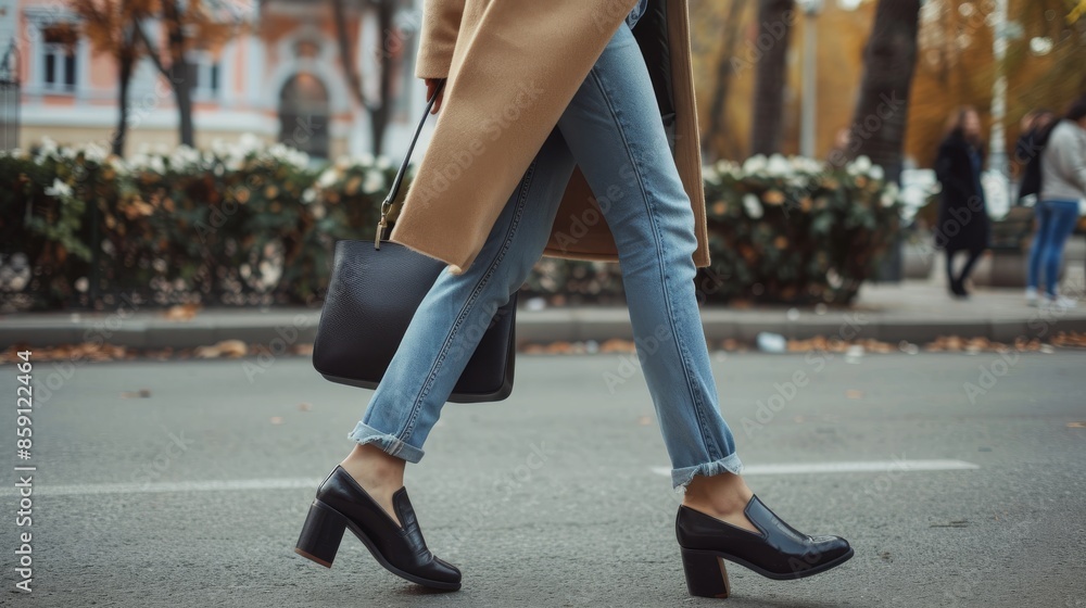 A woman walks along the street in stylish spring or fall attire, including a cashmere coat, jeans, black loafers, and a handbag. The focus is on her moving legs, showcasing street style fashion. A woman walks along the street in stylish spring or fall attire, including a cashmere coat, jeans, black loafers, and a handbag. The focus is on her moving legs, showcasing street style fashion.