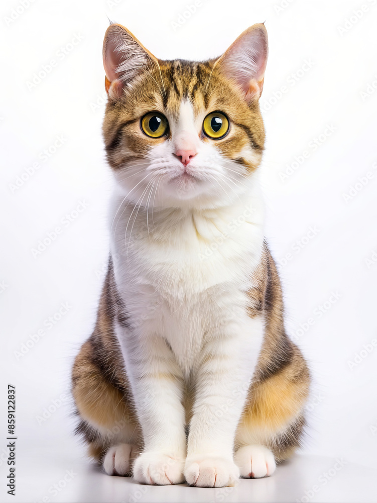 A brown and white cat sitting on white surface, looking at camera A brown and white cat sitting on white surface, looking at camera