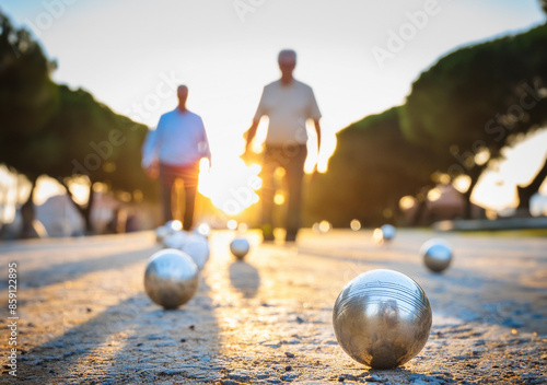 Metal balls of two retired men playing pétanque in the park at sunset.