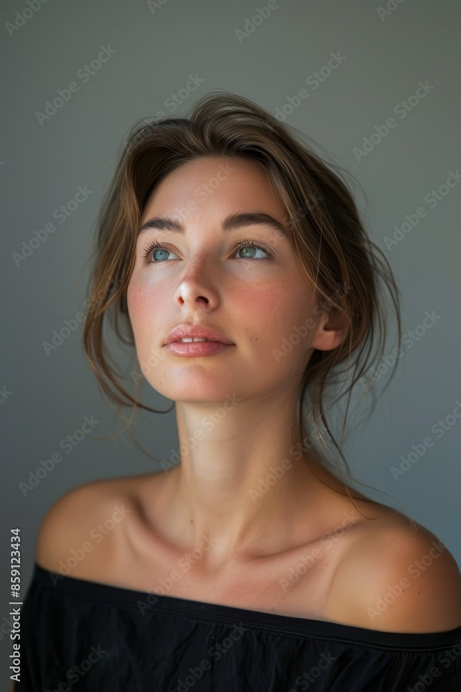 Fototapeta premium Young Woman Looking Upward in Black Off-the-Shoulder Top