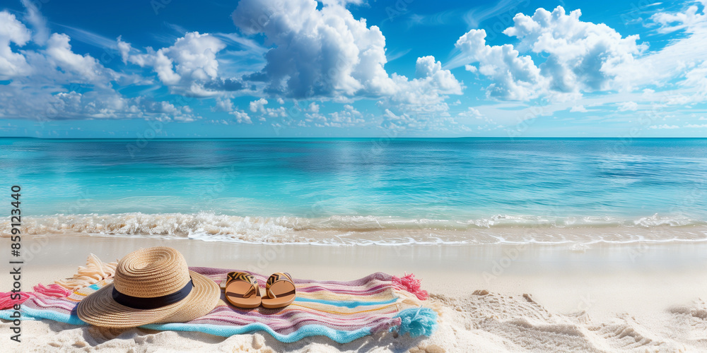 Obraz premium hat and towel, on the beach with copy space