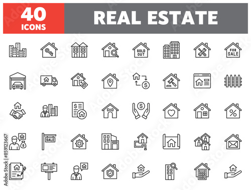 Set of 40 line icons real estate. Outline icon collection. Editable stroke. Vector illustration.