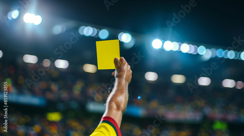 Hand of a football referee raised in the air, holding a yellow card, close-up view against a stadium background