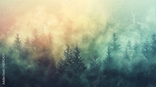 A magical forest scene with sunlight filtering through a thick layer of fog