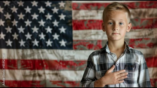 Young boy standing in front of an American flag pledging allegiance