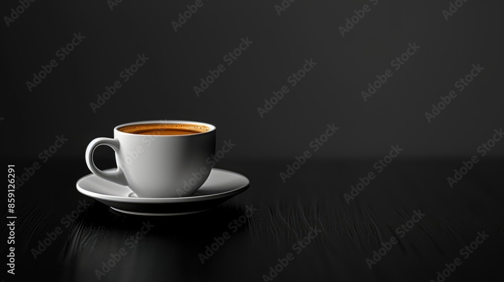 Espresso cup on black cafe table in panoramic view banner size Espresso cup on black cafe table in panoramic view banner size