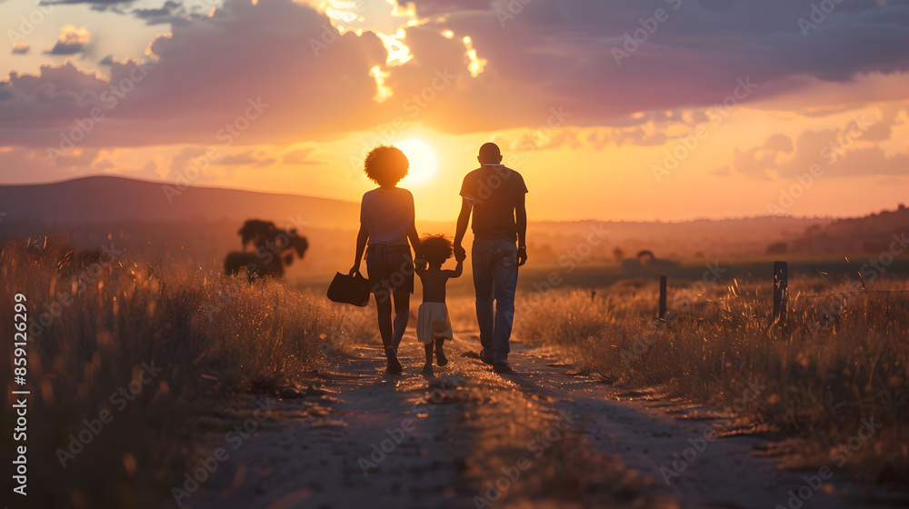 Sunset ranch dirt road, black African american couple and child walking away, full view from behind, silhouette of a loving diversity black ethnic descendant family Sunset ranch dirt road, black African american couple and child walking away, full view from behind, silhouette of a loving diversity black ethnic descendant family