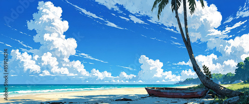 Landscape with boat on the beach, sky and clouds, anime style Digital illustration. photo