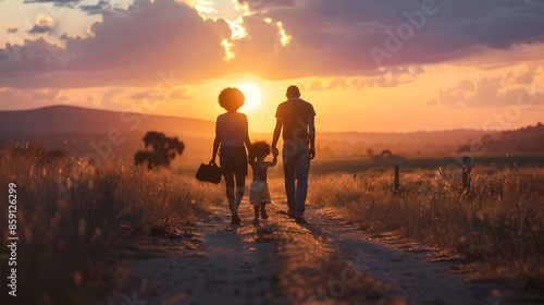 Wallpaper Mural Sunset ranch dirt road, black African american couple and child walking away, full view from behind, silhouette of a loving diversity black ethnic descendant family Torontodigital.ca