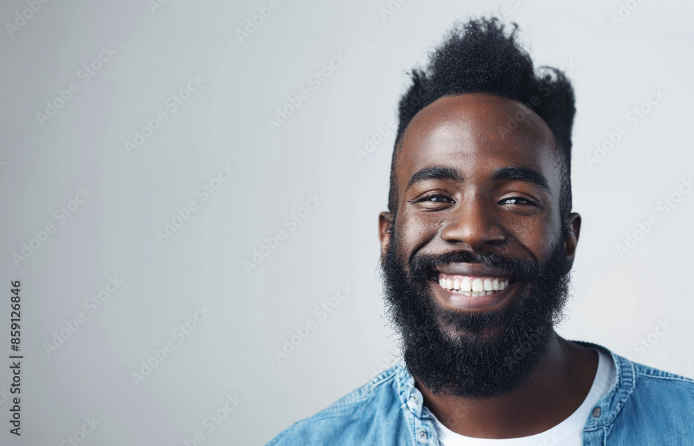 Humorous black man in his mid thirties smiling His eyes show a friendliness and kind He has both a mustache and a beard white background with copy space Humorous black man in his mid thirties smiling His eyes show a friendliness and kind He has both a mustache and a beard white background with copy space