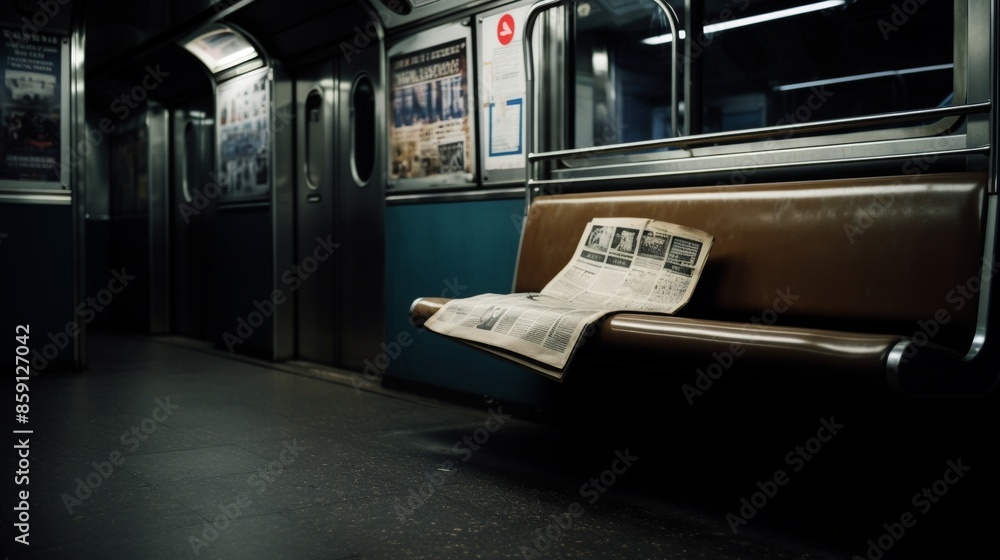 Obraz premium Empty subway seat with a briefcase and a newspaper