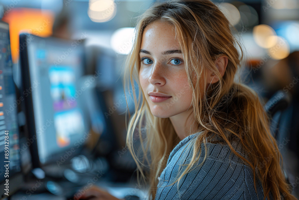 A young woman with blonde hair and blue eyes sits at her desk, using a computer, with a calm, focused expression in a softly lit office A young woman with blonde hair and blue eyes sits at her desk, using a computer, with a calm, focused expression in a softly lit office