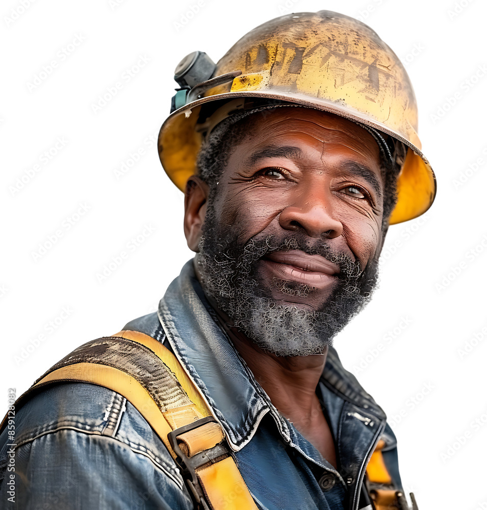 Fototapeta premium Happy construction worker on transparent isolated background