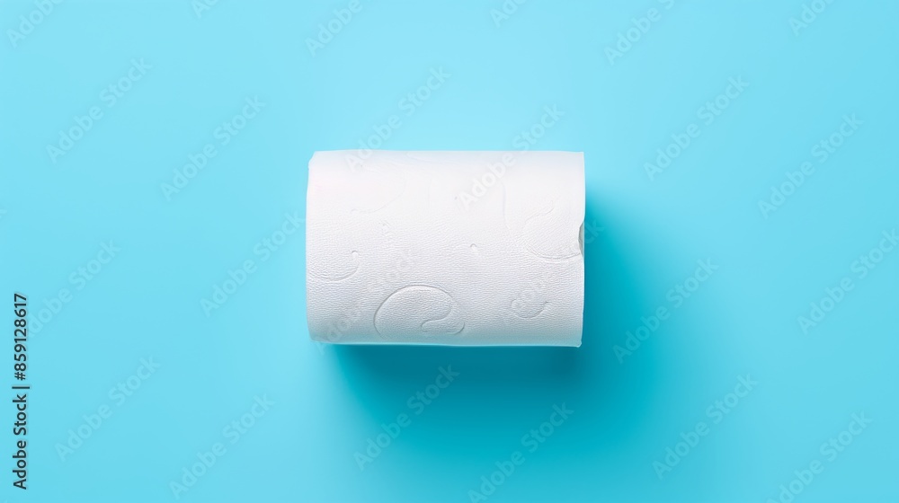Single roll of toilet paper unrolled on a vibrant blue background for emphasis and clarity Single roll of toilet paper unrolled on a vibrant blue background for emphasis and clarity
