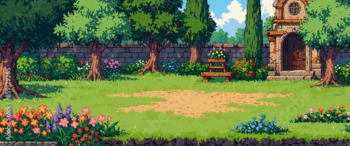 pixel art of flower garden dungeon background battle scene in RPG old school retro 16 bits, 32 bits game style.