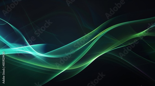 Abstract green and blue light waves on dark background