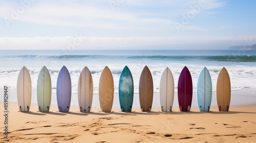 Vibrant array of colorful surfboards on a sunny beach in the lively summer season