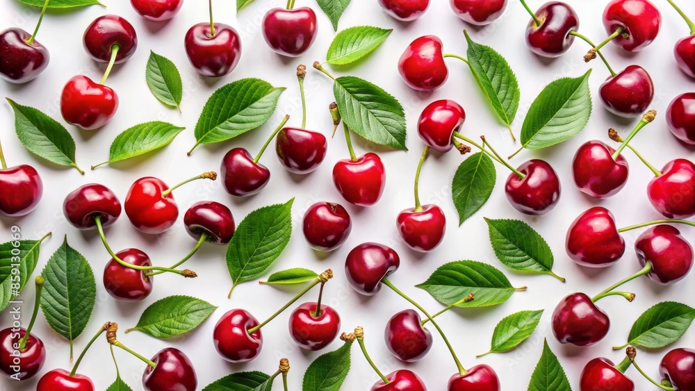 Vibrant red cherries scattered on a white background with green leaves and stems in a playful spring-inspired design element. Vibrant red cherries scattered on a white background with green leaves and stems in a playful spring-inspired design element.