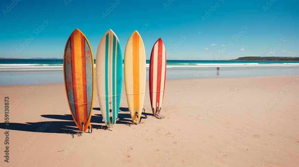 Colorful surfboards enhance the sunny beachfront in vibrant summer coastal scenery Colorful surfboards enhance the sunny beachfront in vibrant summer coastal scenery