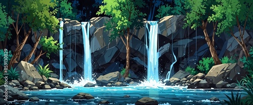 A waterfall cascades in a summer forest, with a river stream flowing from rocks to the river under the lights and green tree branches Modern illustration of a panoramic 2D game background.